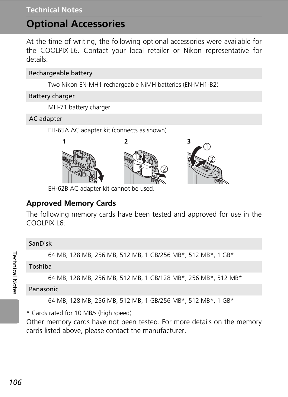 Technical notes, Optional accessories, C 106) | Nikon L6 User Manual | Page 118 / 140