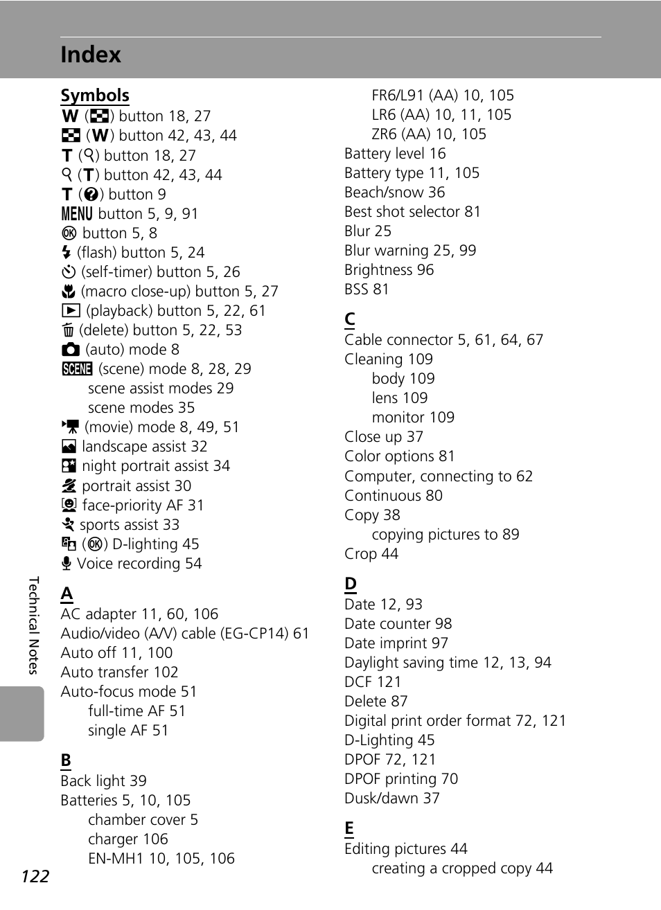 Index | Nikon L6 User Manual | Page 134 / 140