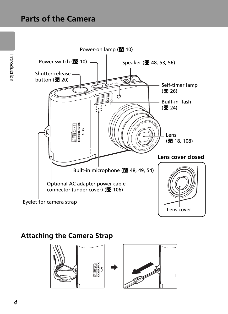 Parts of the camera, Attaching the camera strap, Lens cover closed | Nikon L6 User Manual | Page 16 / 140