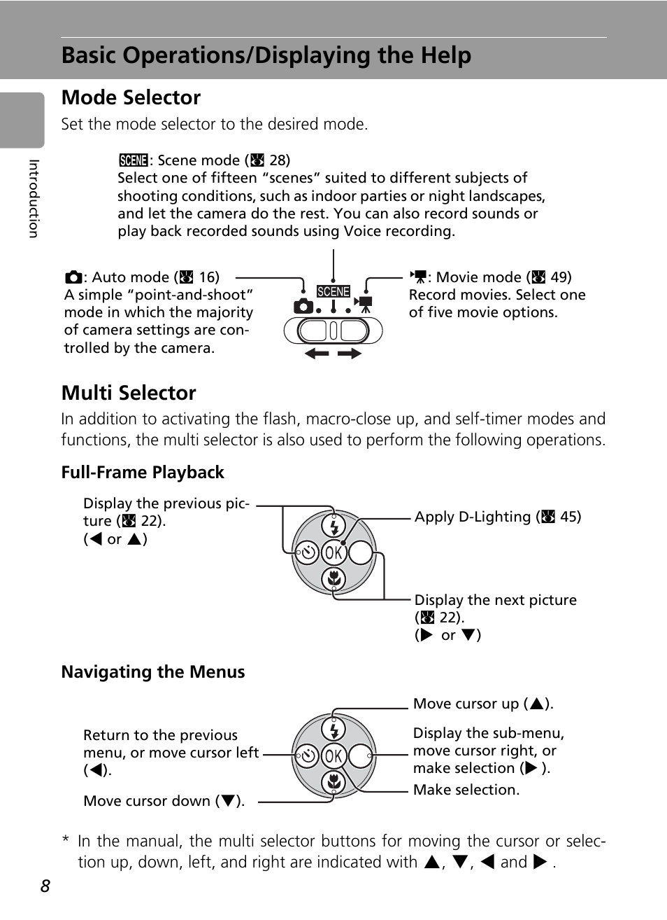 Basic operations/displaying the help, Mode selector, Multi selector | Mode selector multi selector, C 8) | Nikon L6 User Manual | Page 20 / 140