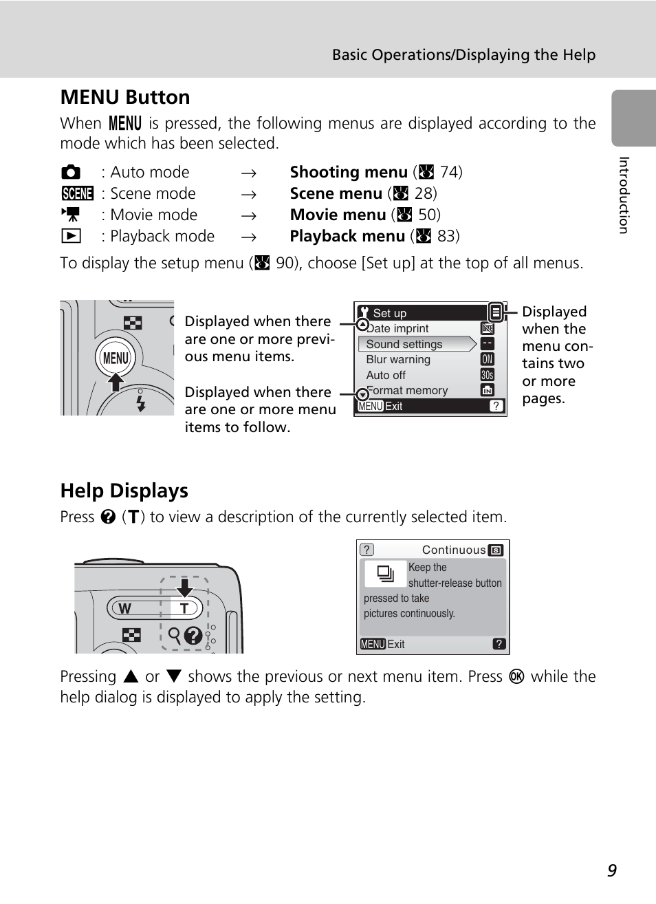 Menu button, Help displays, Menu button help displays | On (c 9) | Nikon L6 User Manual | Page 21 / 140