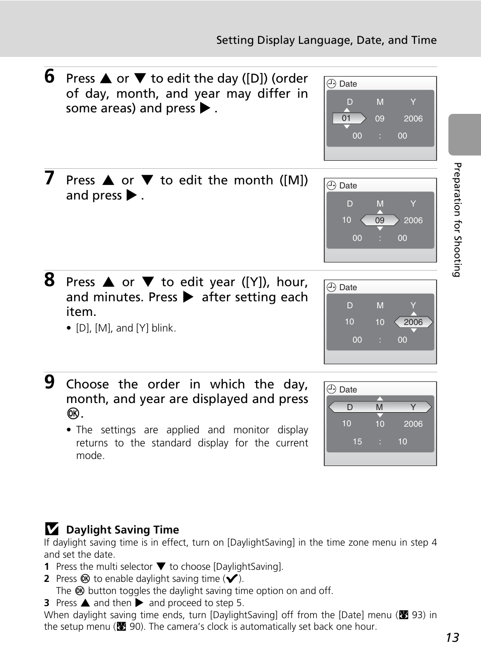 Daylight, Saving time, Press g or h to edit the month ([m]) and press j | Nikon L6 User Manual | Page 25 / 140