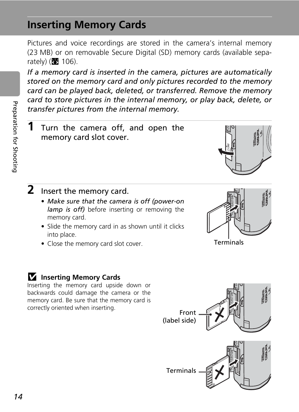 Inserting memory cards, C 14 | Nikon L6 User Manual | Page 26 / 140