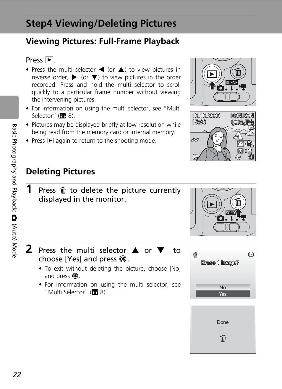 Step4 viewing/deleting pictures, Viewing pictures: full-frame playback, Deleting pictures | C 22, C 22), Press i | Nikon L6 User Manual | Page 34 / 140