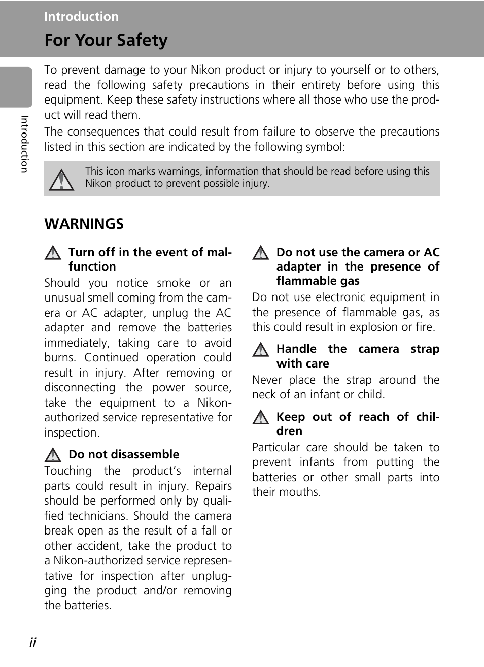 Introduction, For your safety, Warnings | Nikon L6 User Manual | Page 4 / 140