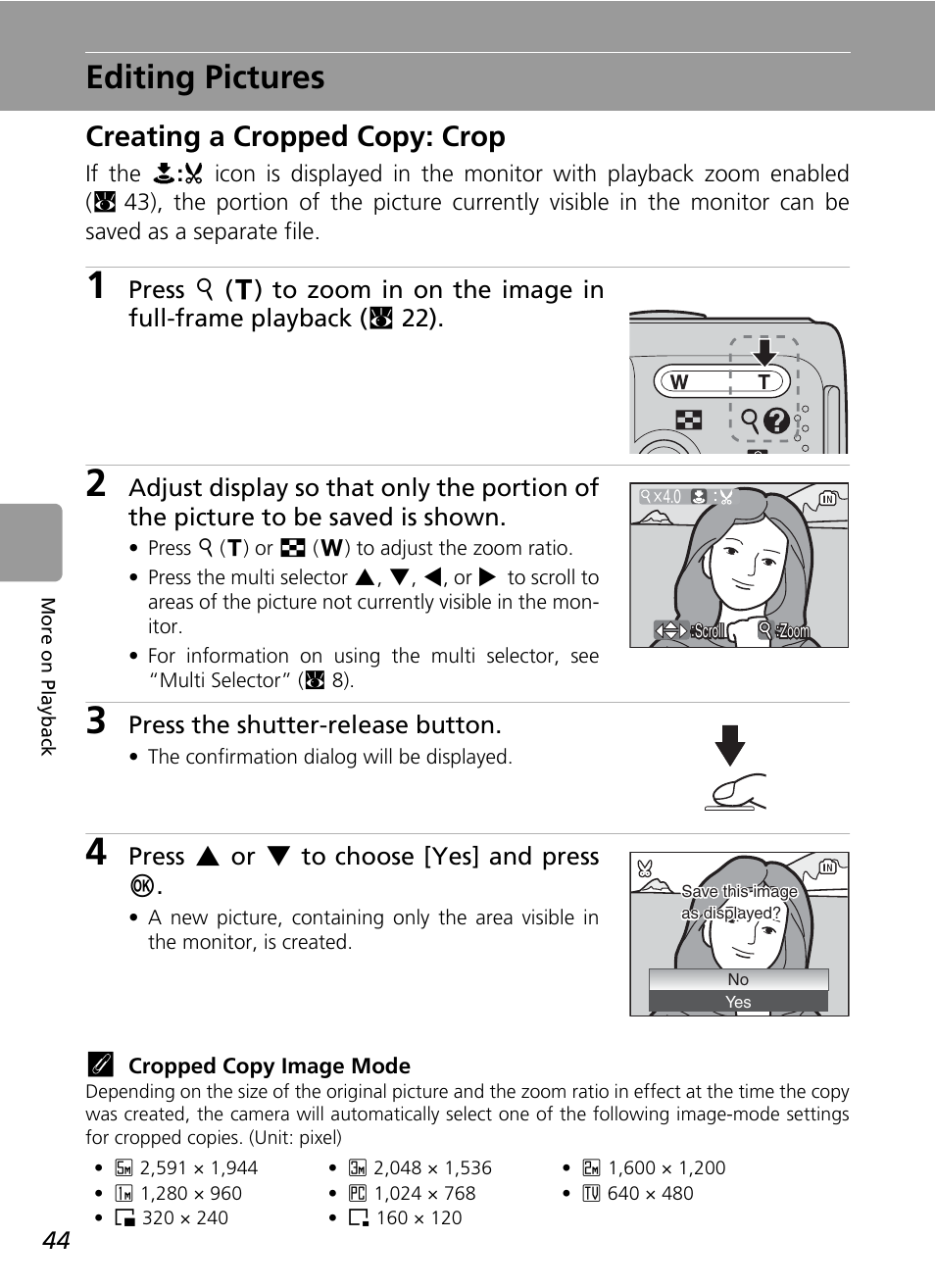 Editing pictures, Creating a cropped copy: crop | Nikon L6 User Manual | Page 56 / 140