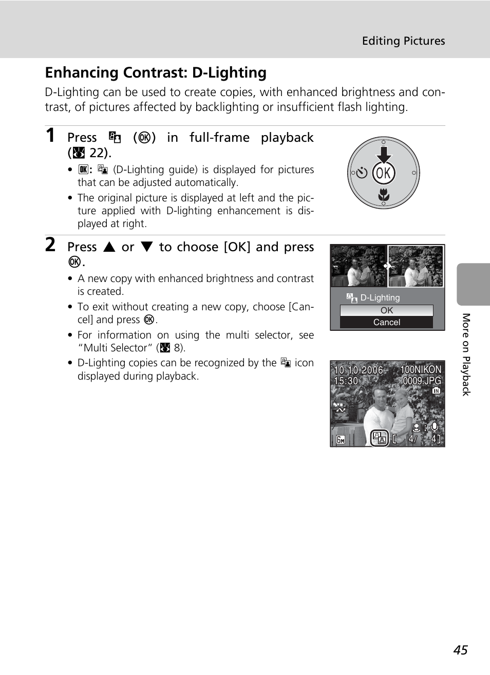 Enhancing contrast: d-lighting, Ting (c 45, Press u (d) in full-frame playback ( c 22) | Press g or h to choose [ok] and press d | Nikon L6 User Manual | Page 57 / 140