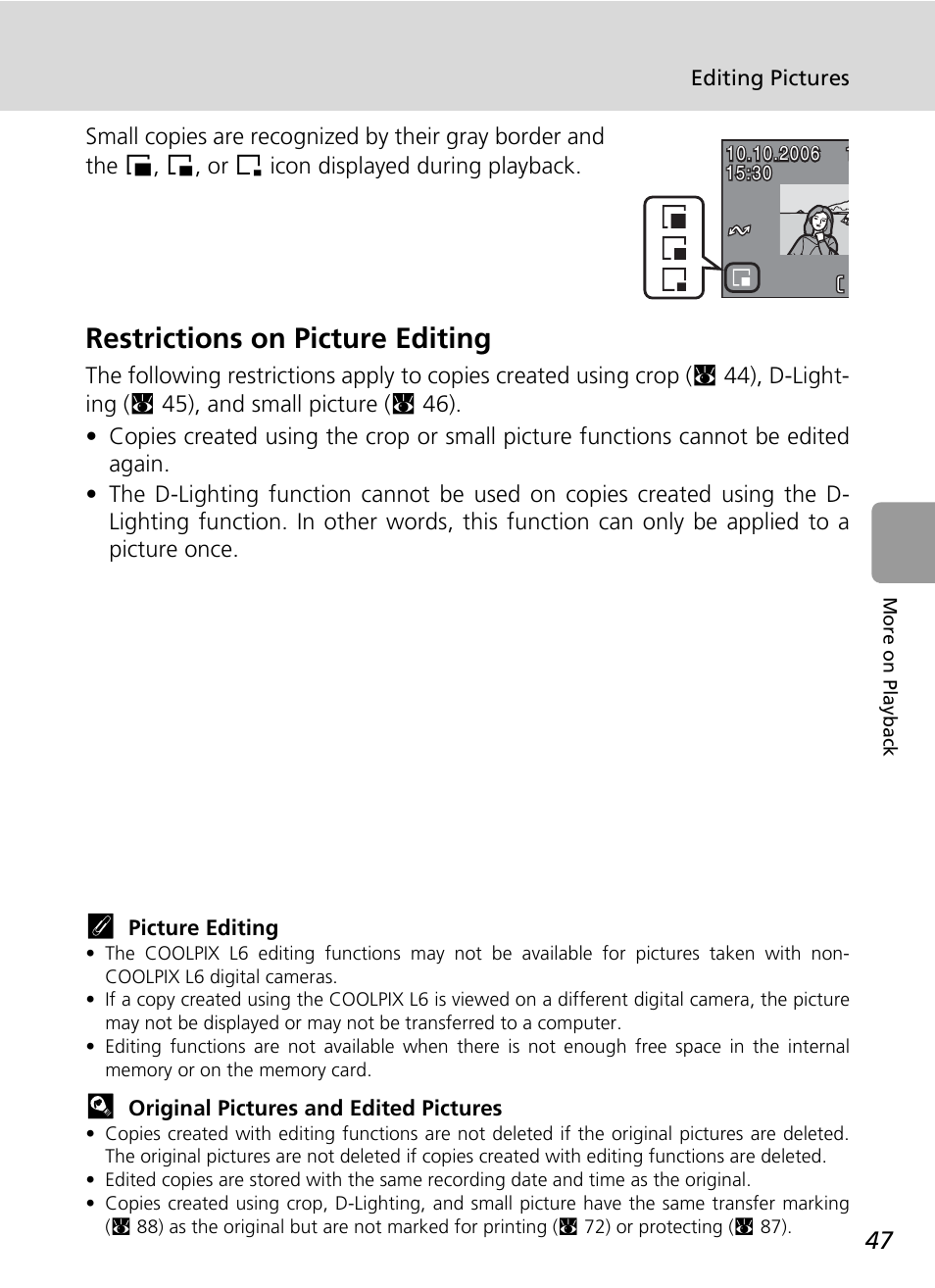 Restrictions on picture editing | Nikon L6 User Manual | Page 59 / 140