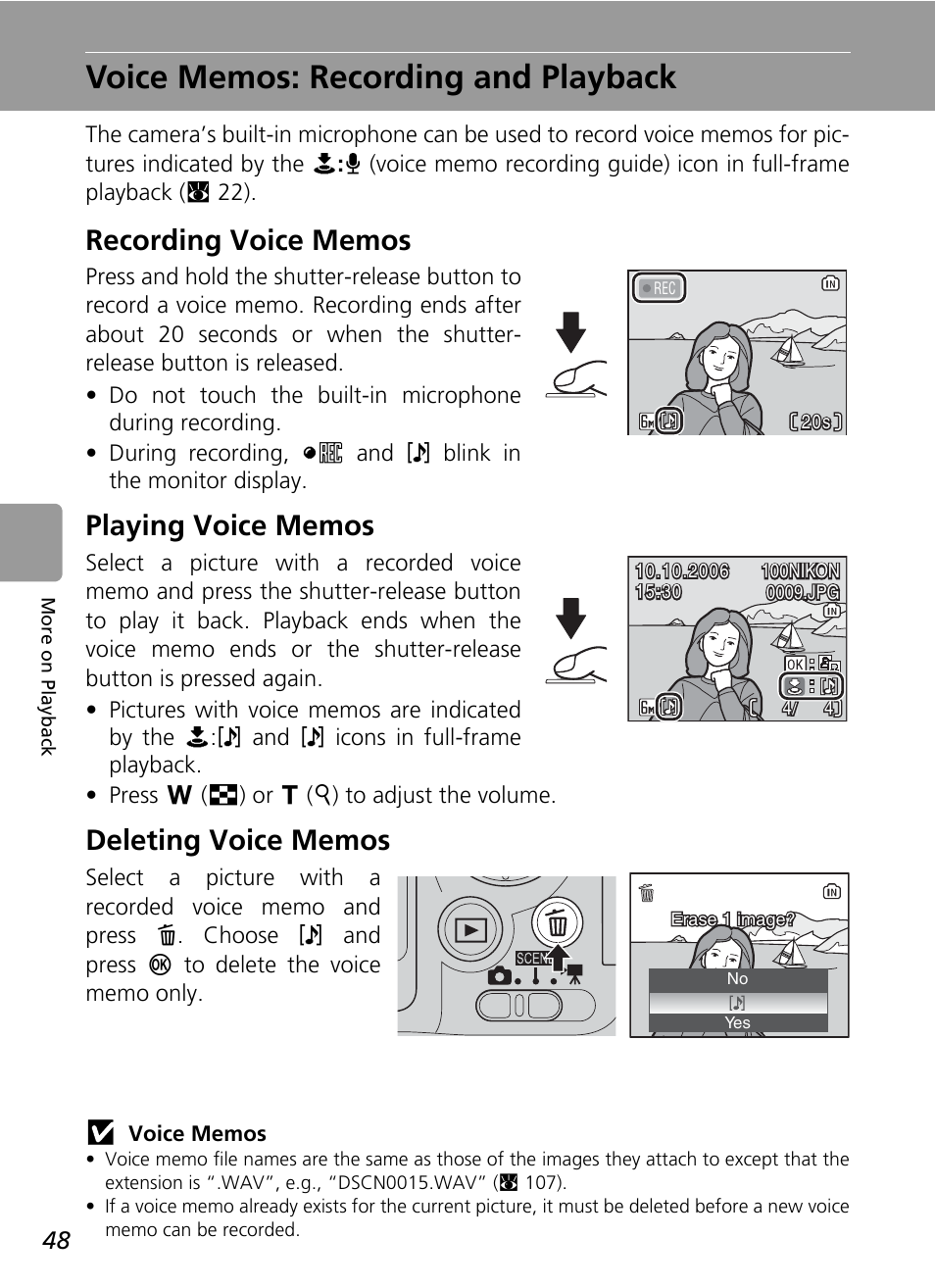Voice memos: recording and playback, Recording voice memos, Playing voice memos | Deleting voice memos, R (c 48, C 48 | Nikon L6 User Manual | Page 60 / 140