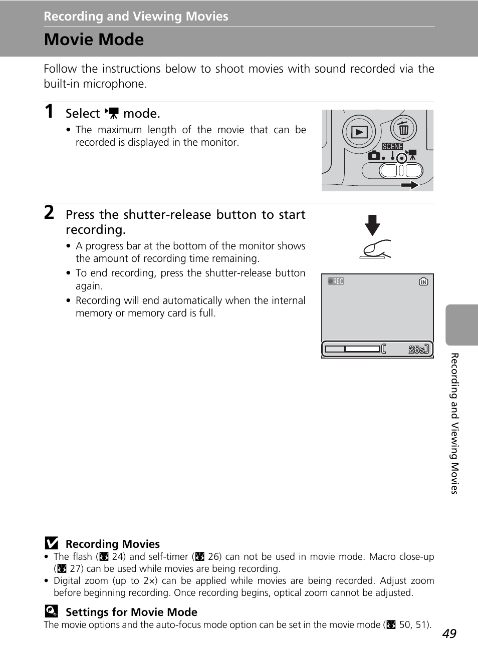 Recording and viewing movies, Movie mode, C 49 | Nikon L6 User Manual | Page 61 / 140