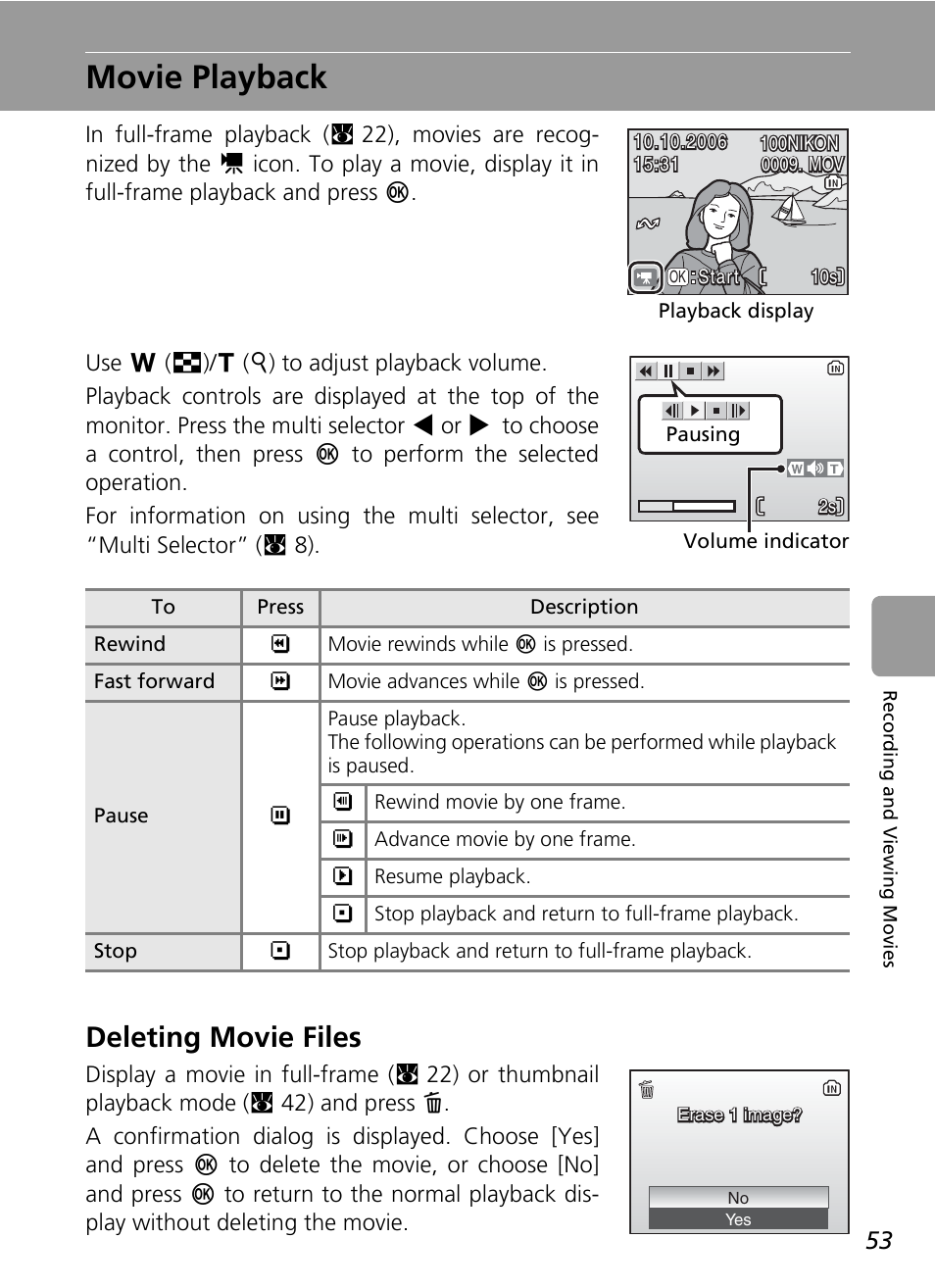 Movie playback, Deleting movie files | Nikon L6 User Manual | Page 65 / 140