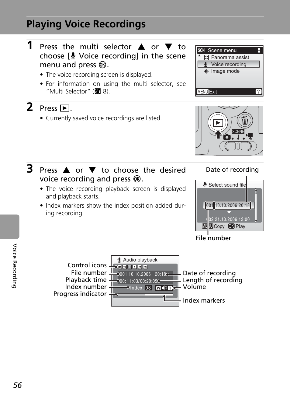 Playing voice recordings, 56 for th, Press i | Nikon L6 User Manual | Page 68 / 140