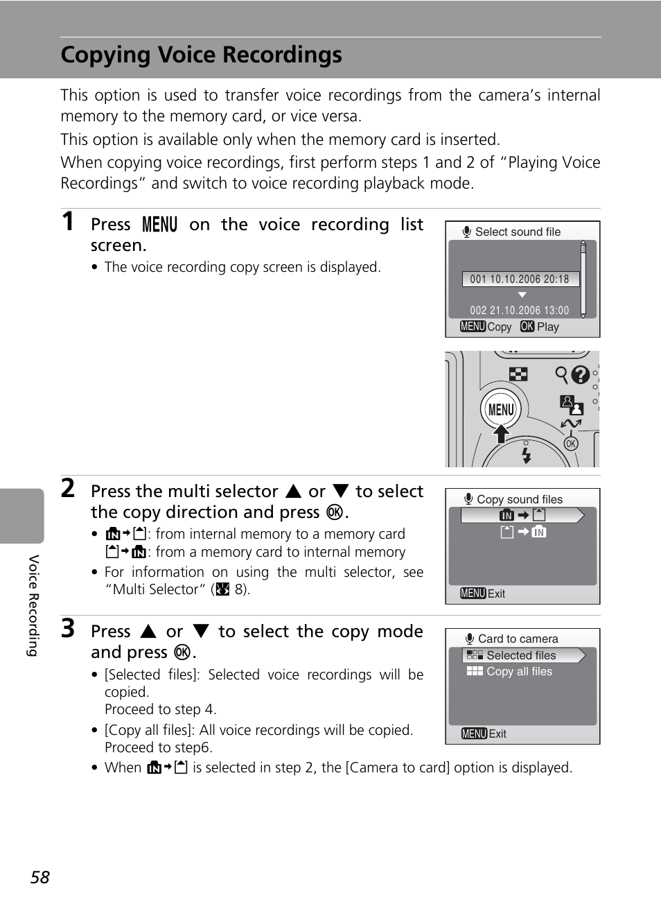Copying voice recordings, Press m on the voice recording list screen, Press g or h to select the copy mode and press d | Nikon L6 User Manual | Page 70 / 140