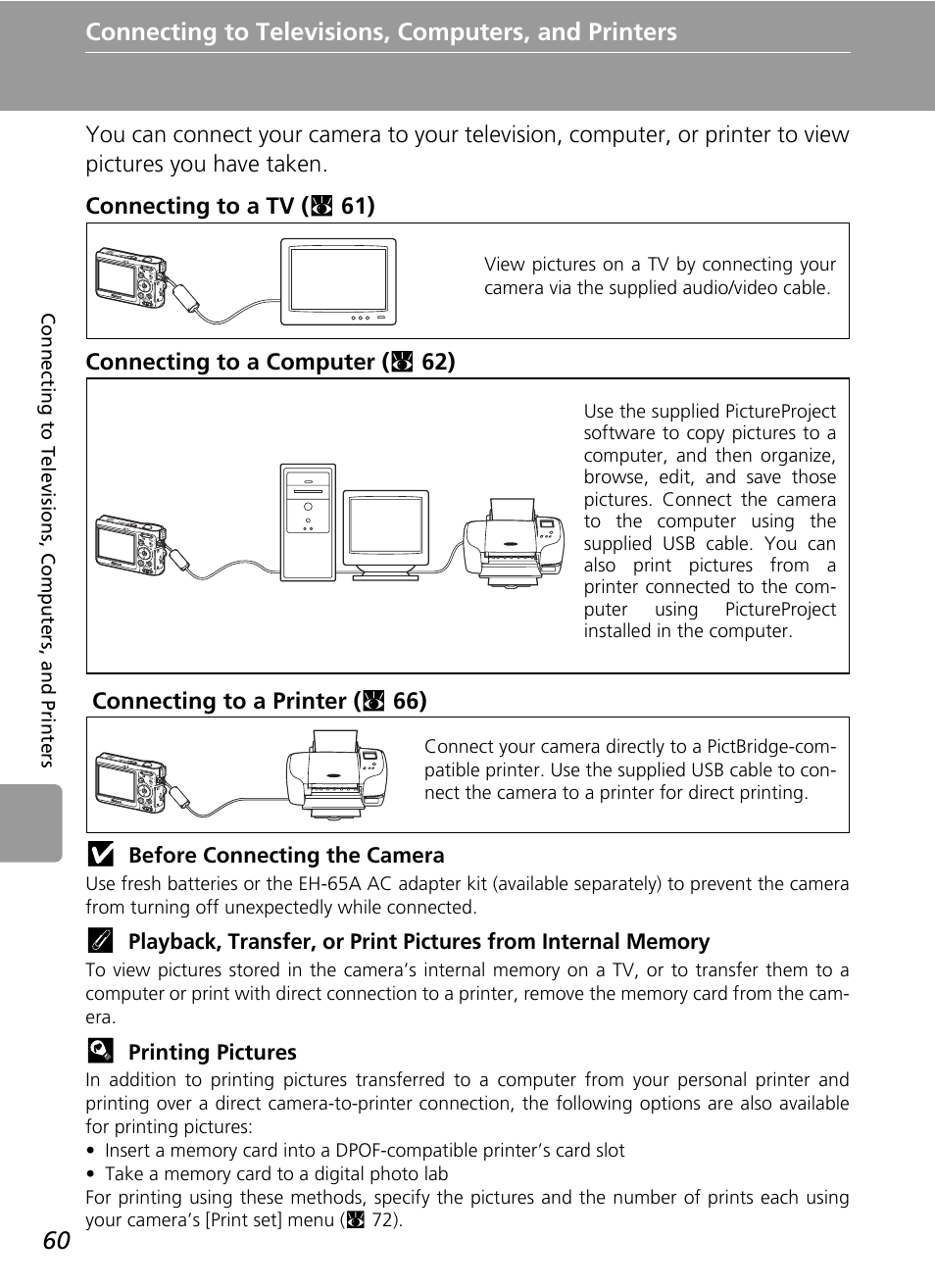 Connecting to televisions, computers, and printers | Nikon L6 User Manual | Page 72 / 140