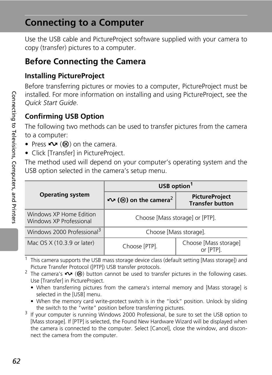 Connecting to a computer, Before connecting the camera, C 62) | Installing pictureproject, Confirming usb option | Nikon L6 User Manual | Page 74 / 140