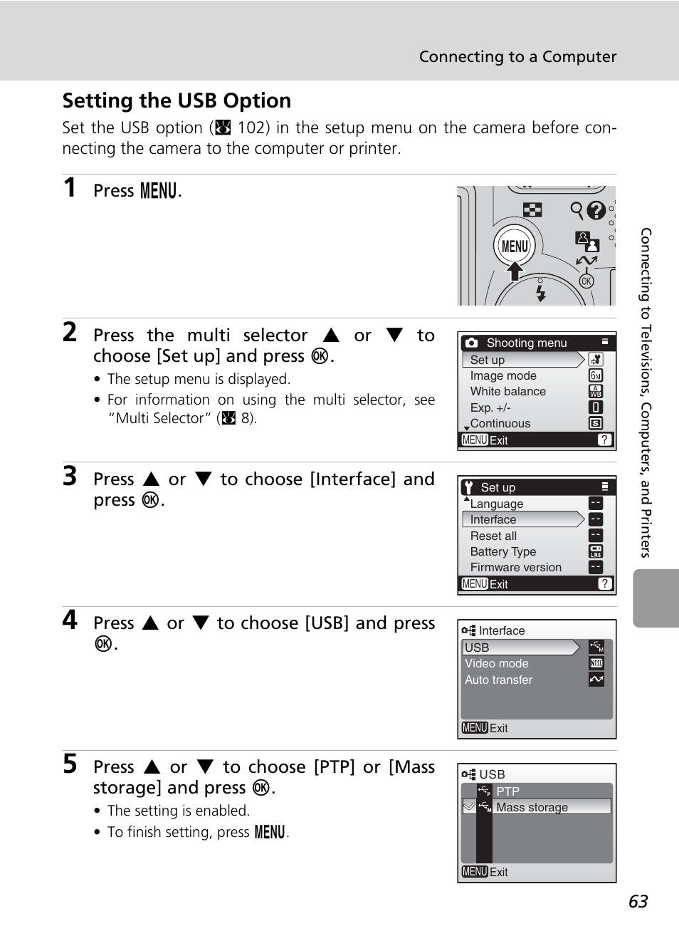 Setting the usb option, Press m, Press g or h to choose [interface] and press d | Press g or h to choose [usb] and press d | Nikon L6 User Manual | Page 75 / 140