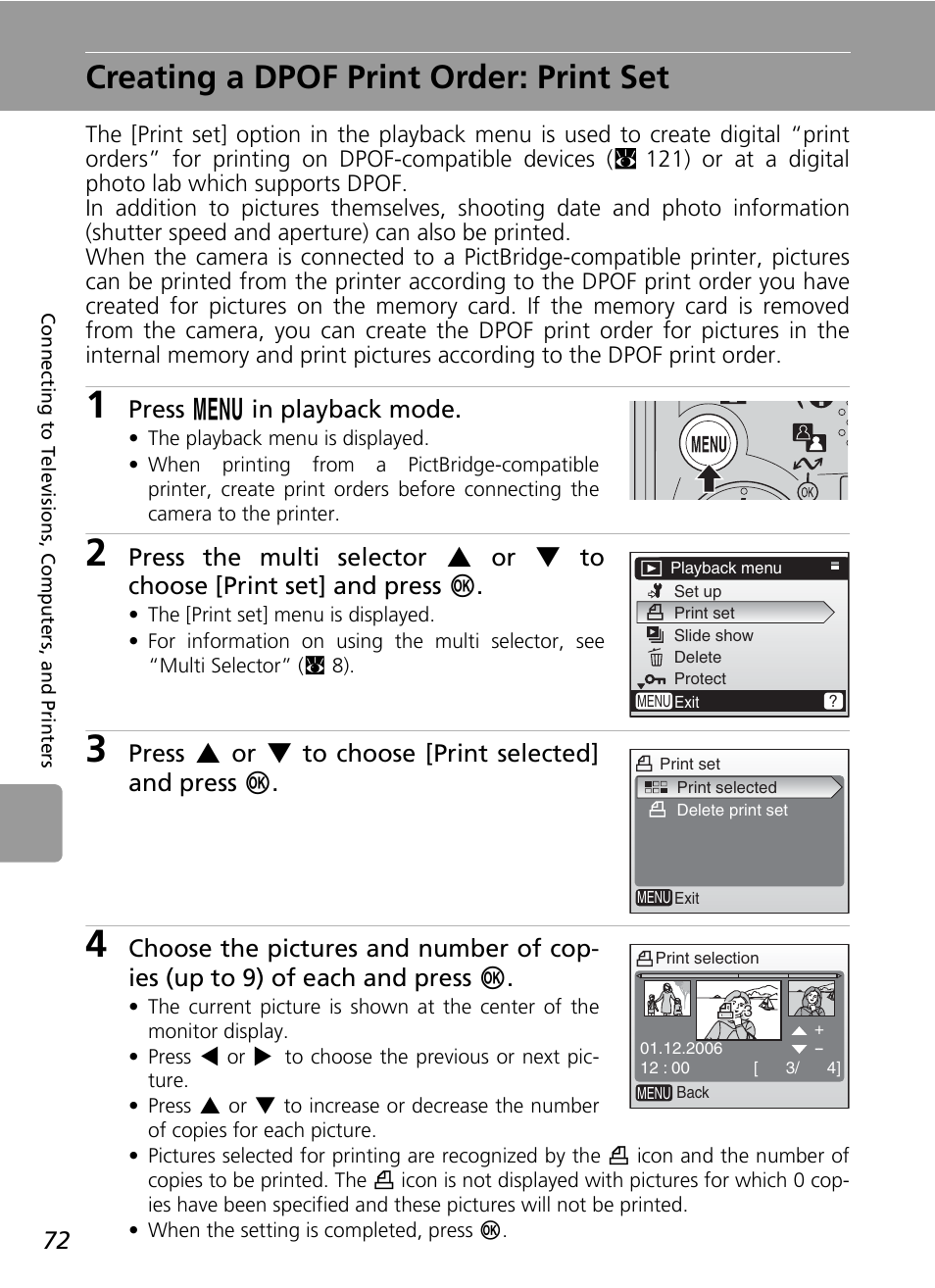 Creating a dpof print order: print set, C 72), C 72 | Press m in playback mode | Nikon L6 User Manual | Page 84 / 140