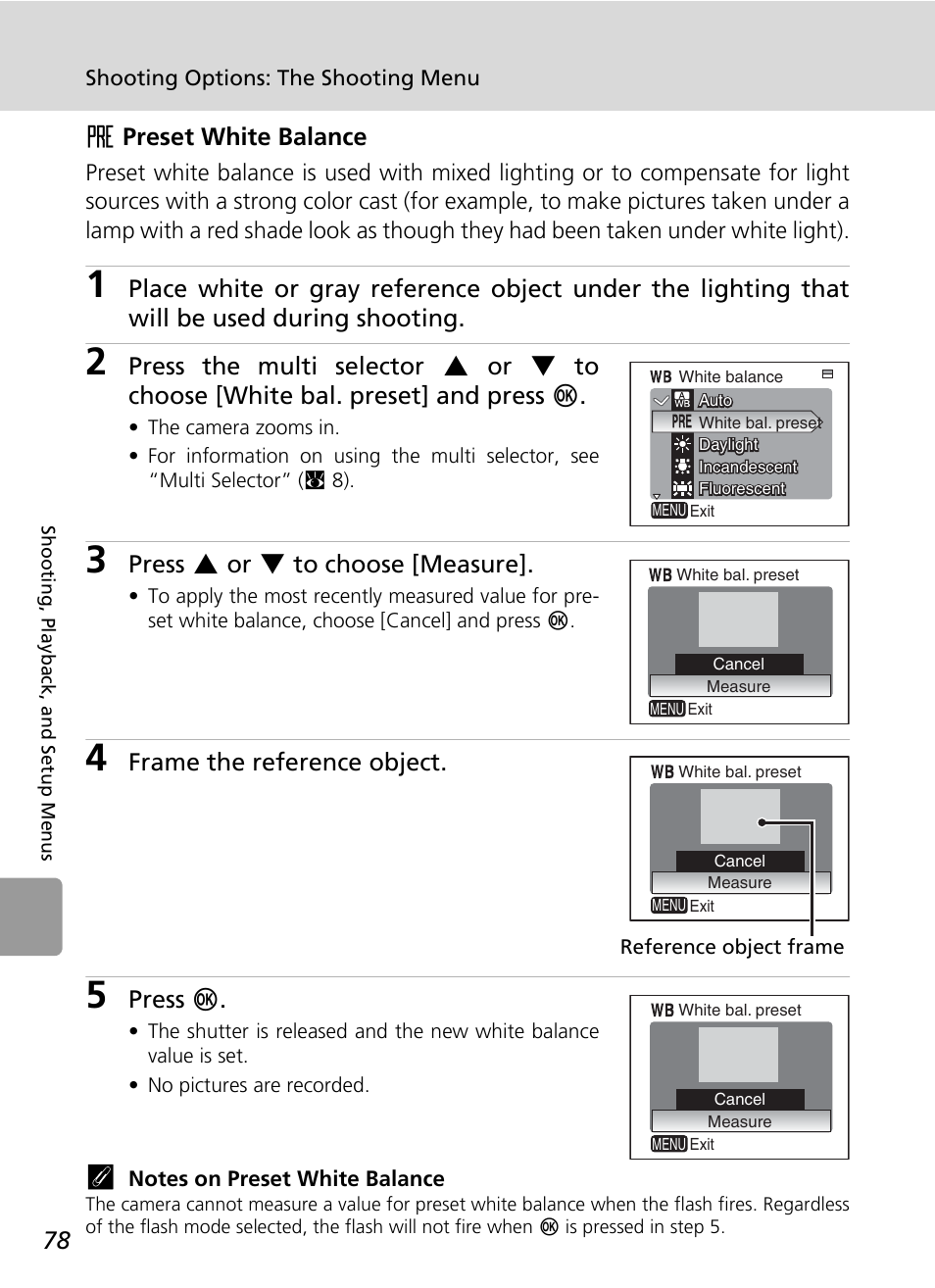 Fpreset white balance, Press g or h to choose [measure, Frame the reference object | Press d | Nikon L6 User Manual | Page 90 / 140