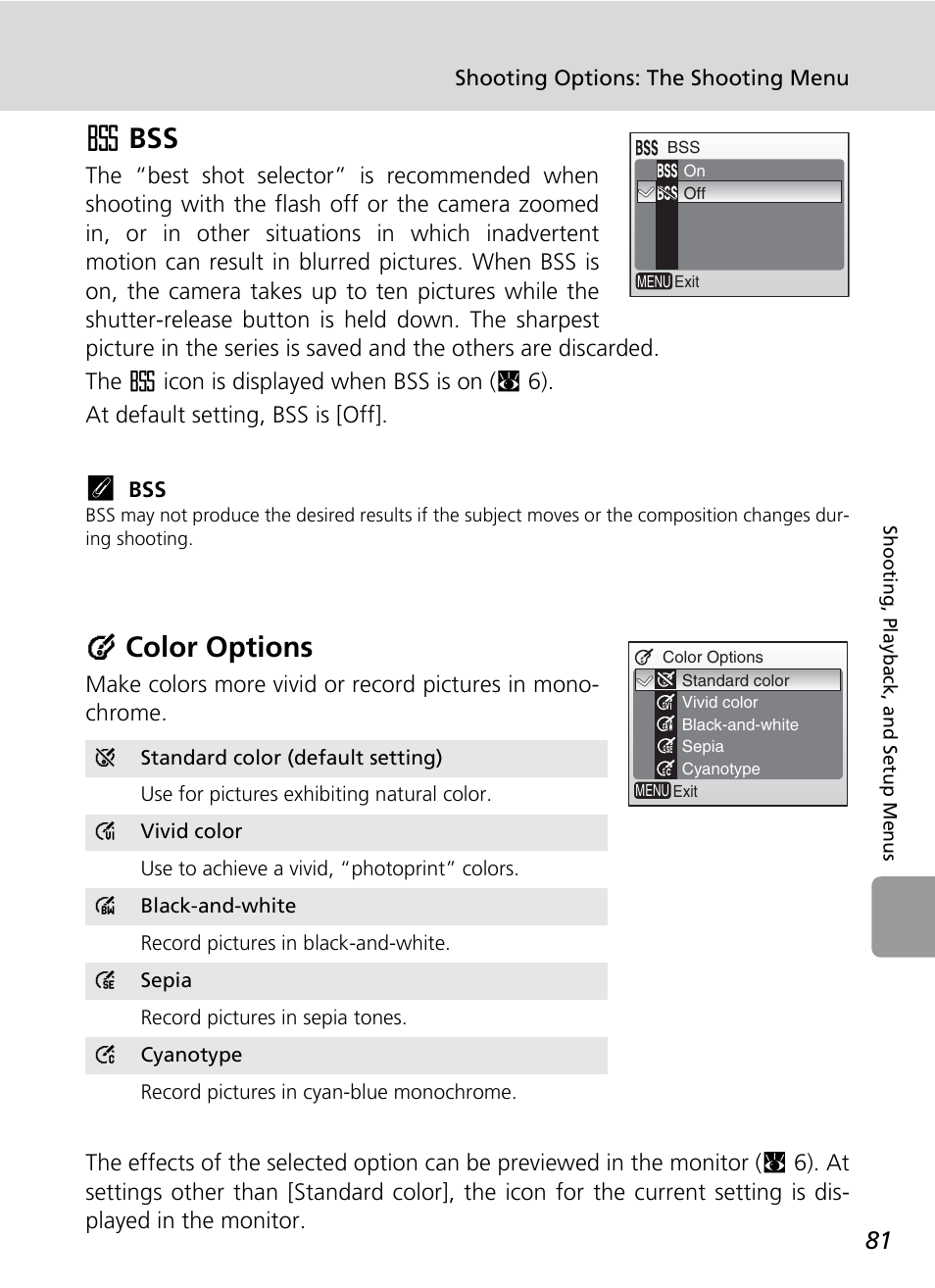 A bss, D color options, C 81) | C 81) to s, Abss, Dcolor options | Nikon L6 User Manual | Page 93 / 140