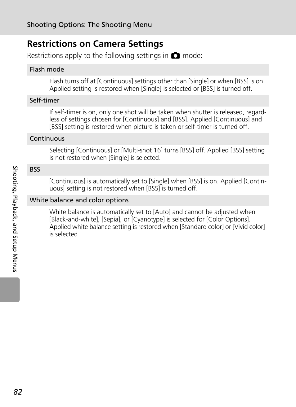 Restrictions on camera settings, C 82) | Nikon L6 User Manual | Page 94 / 140