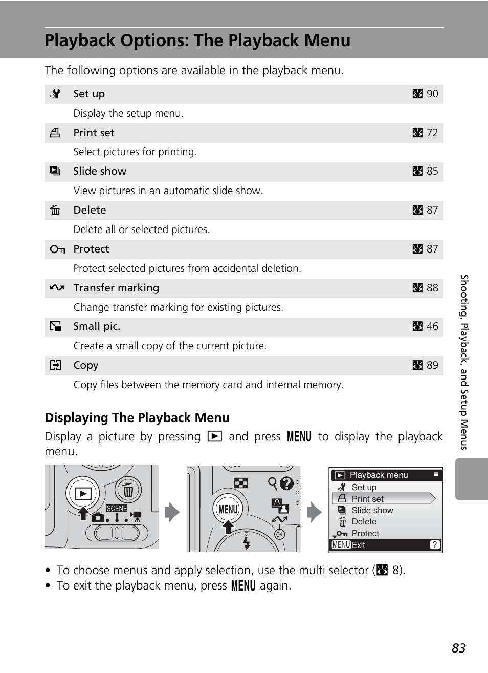 Playback options: the playback menu, C 83, Displaying the playback menu | Nikon L6 User Manual | Page 95 / 140