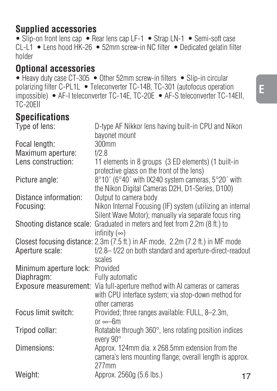 Nikon AF-S 300mm f-2.8D IF-ED II User Manual | Page 17 / 56