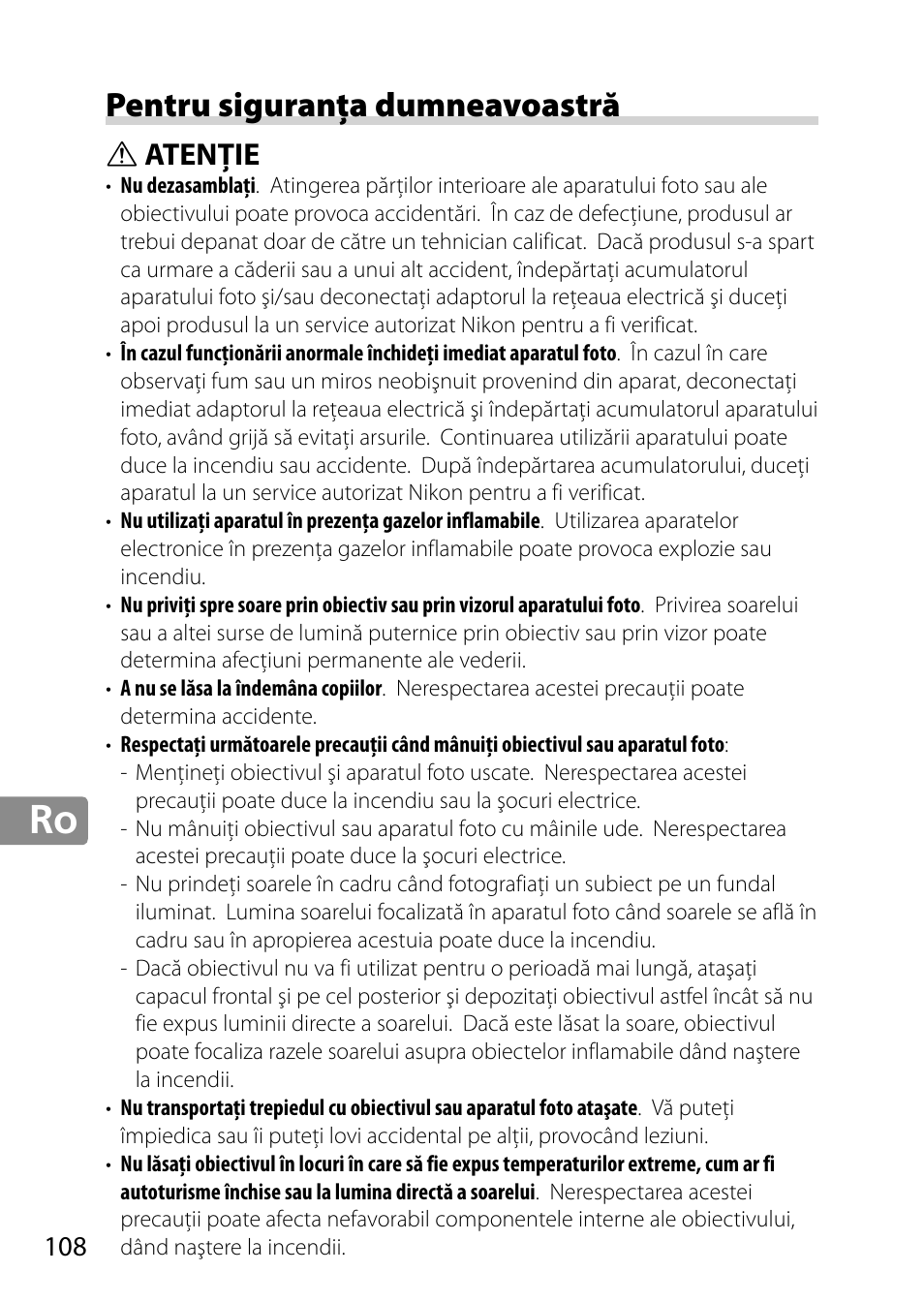Pentru siguranţa dumneavoastră, Atenţie | Nikon AF-S 28mm f-1.8G User Manual | Page 108 / 176
