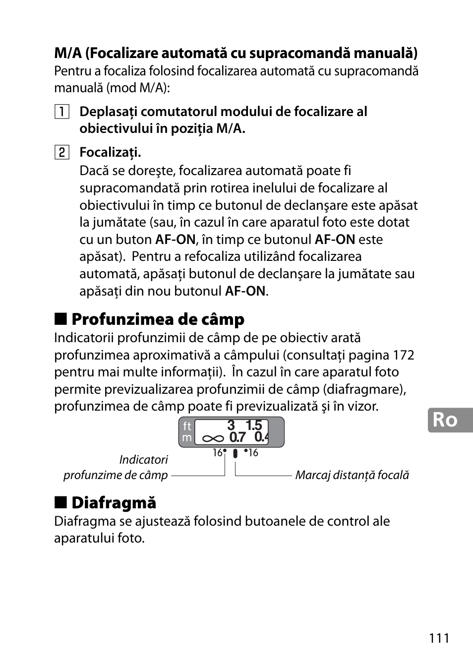 M/a (focalizare automată cu supracomandă manuală), Profunzimea de câmp, Diafragmă | Nikon AF-S 28mm f-1.8G User Manual | Page 111 / 176