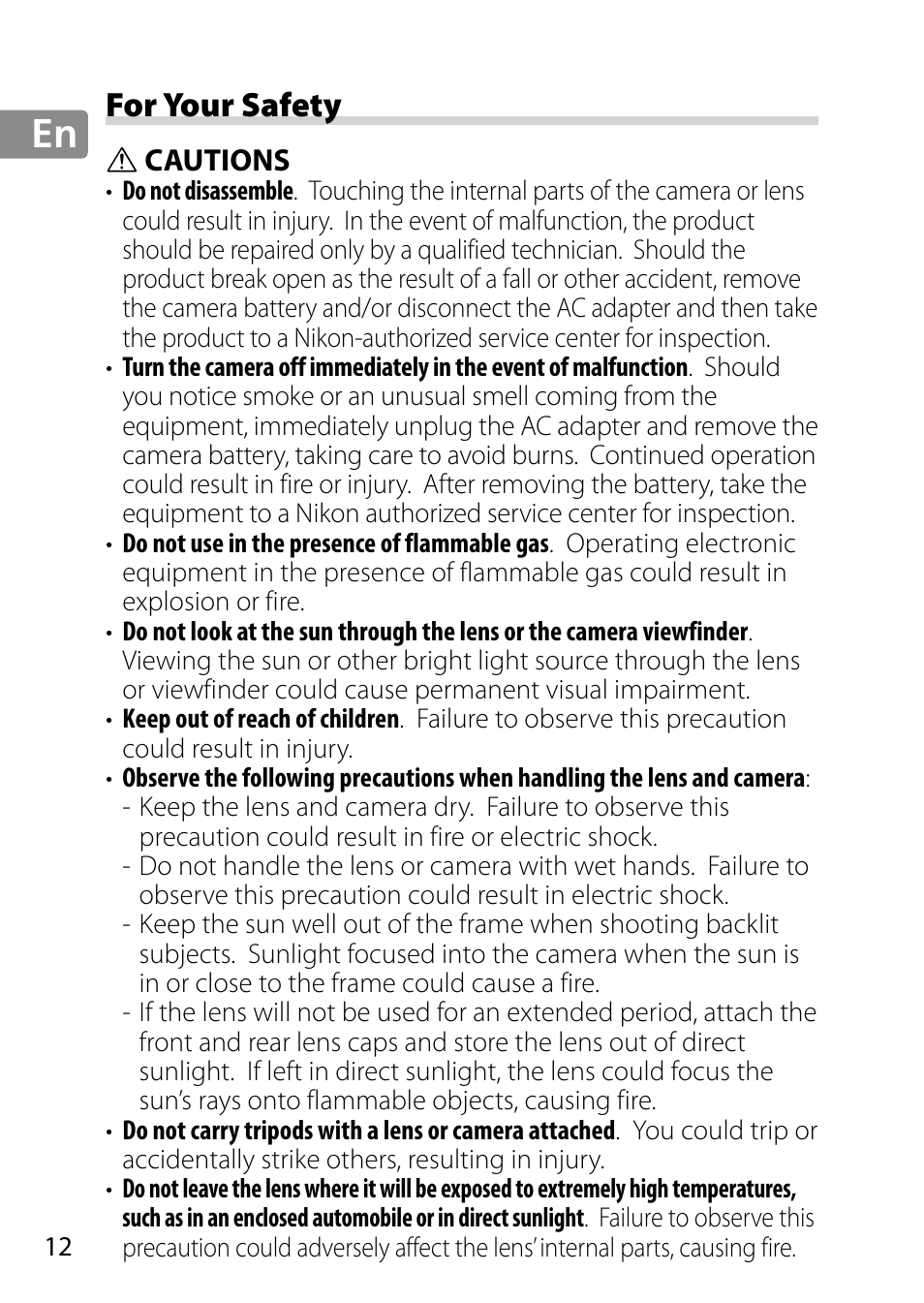 For your safety, Cautions | Nikon AF-S 28mm f-1.8G User Manual | Page 12 / 176