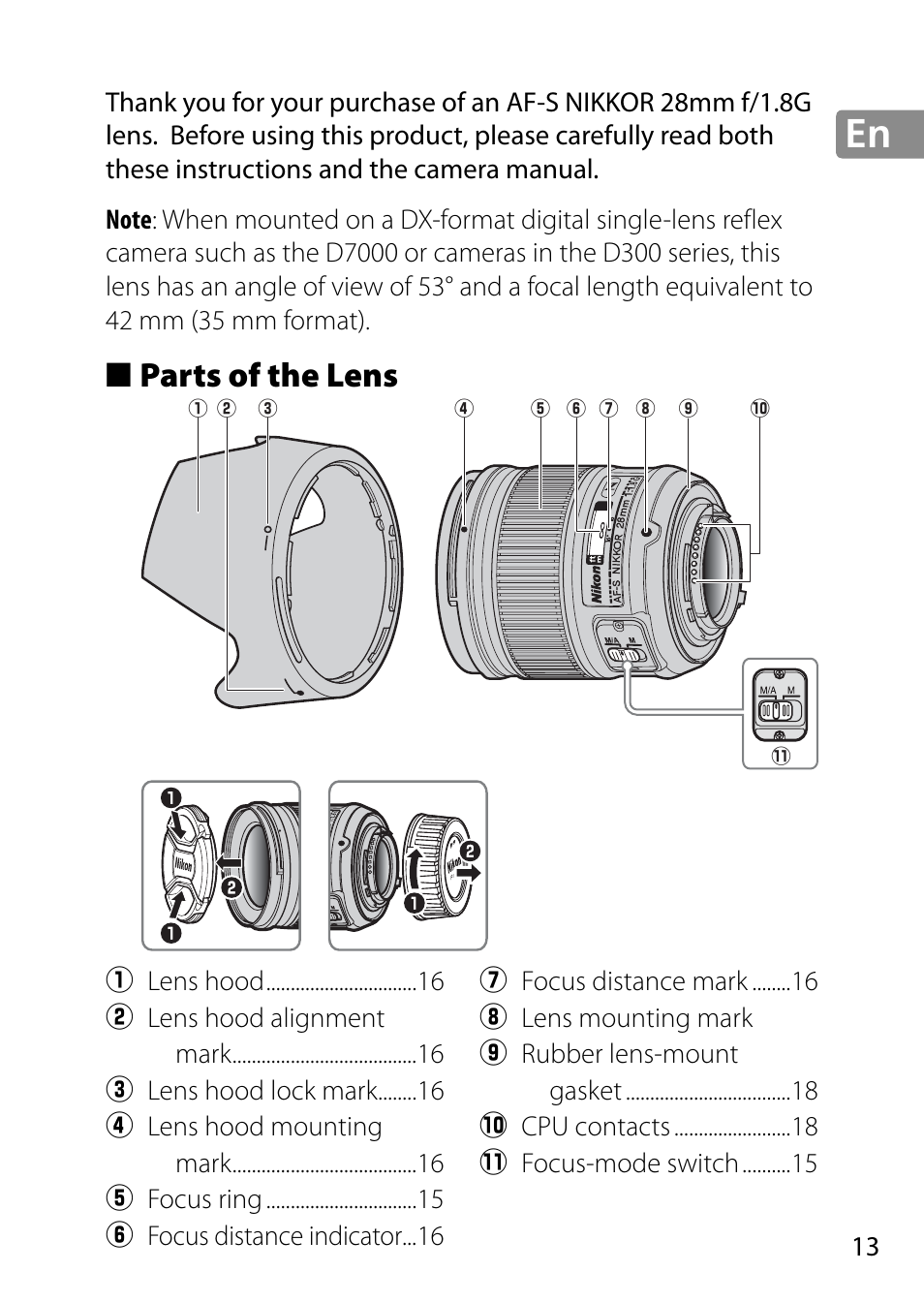 Parts of the lens | Nikon AF-S 28mm f-1.8G User Manual | Page 13 / 176
