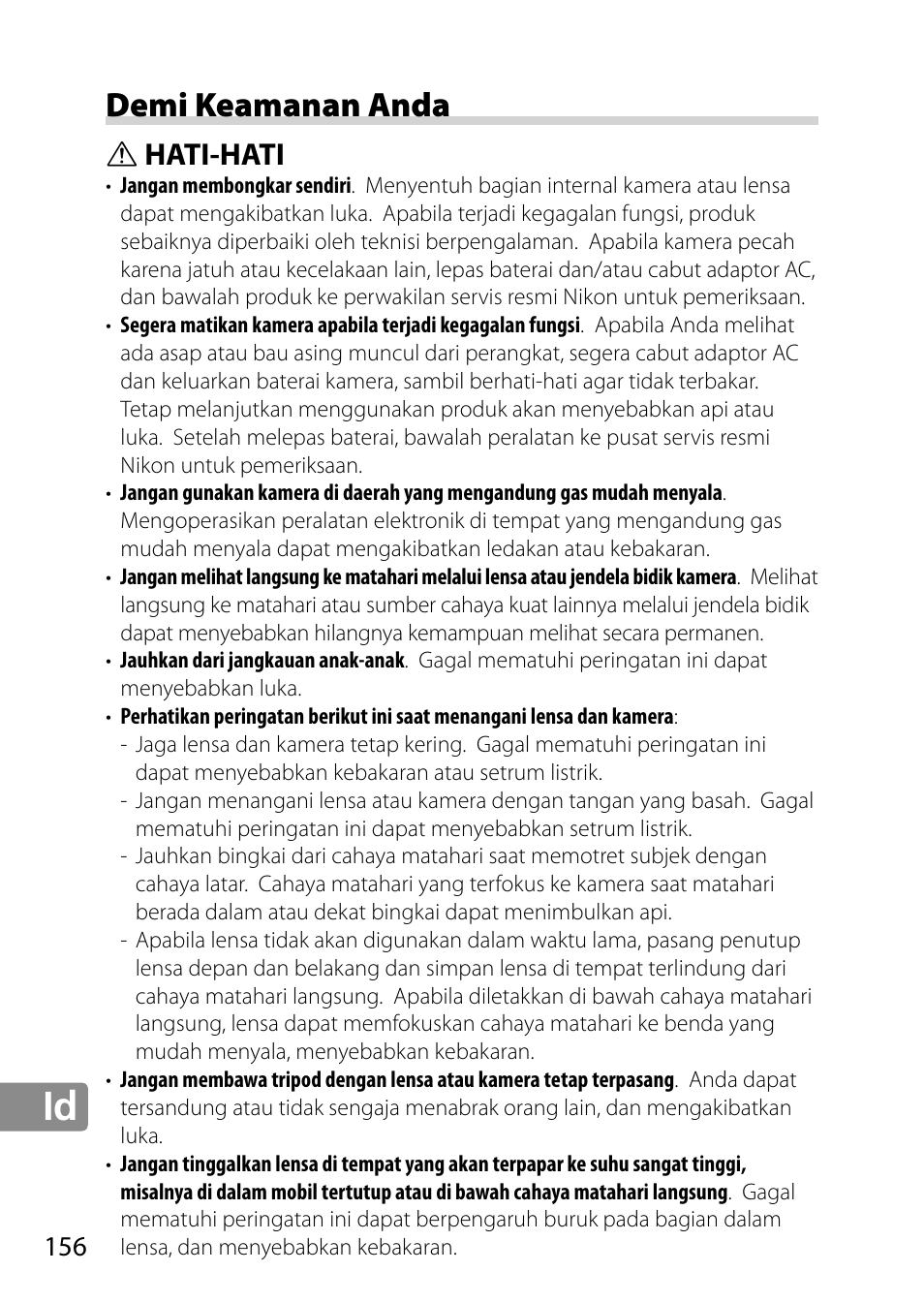 Demi keamanan anda, Hati-hati | Nikon AF-S 28mm f-1.8G User Manual | Page 156 / 176