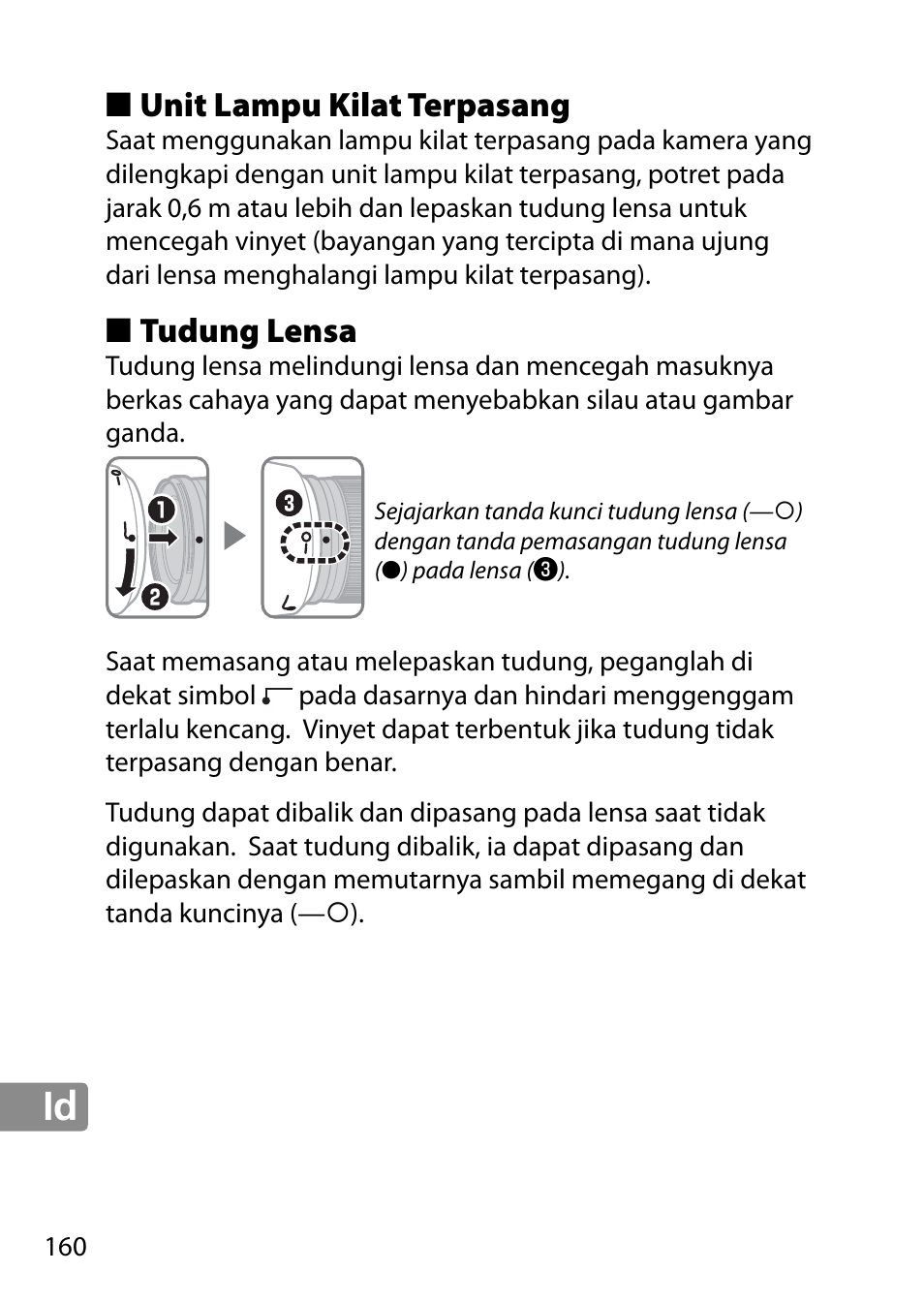 Unit lampu kilat terpasang, Tudung lensa | Nikon AF-S 28mm f-1.8G User Manual | Page 160 / 176