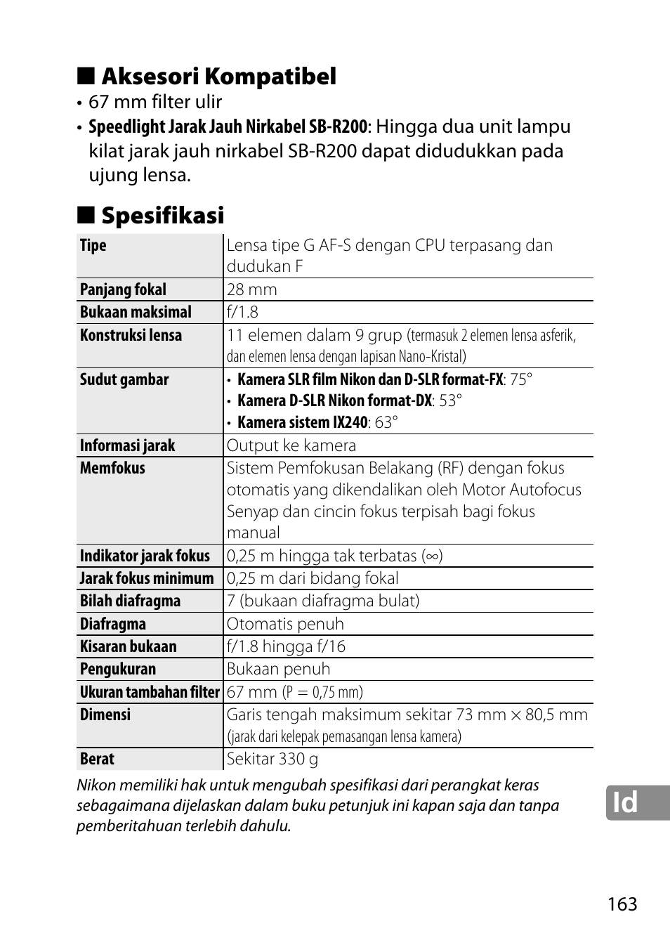 Aksesori kompatibel, Spesifikasi | Nikon AF-S 28mm f-1.8G User Manual | Page 163 / 176