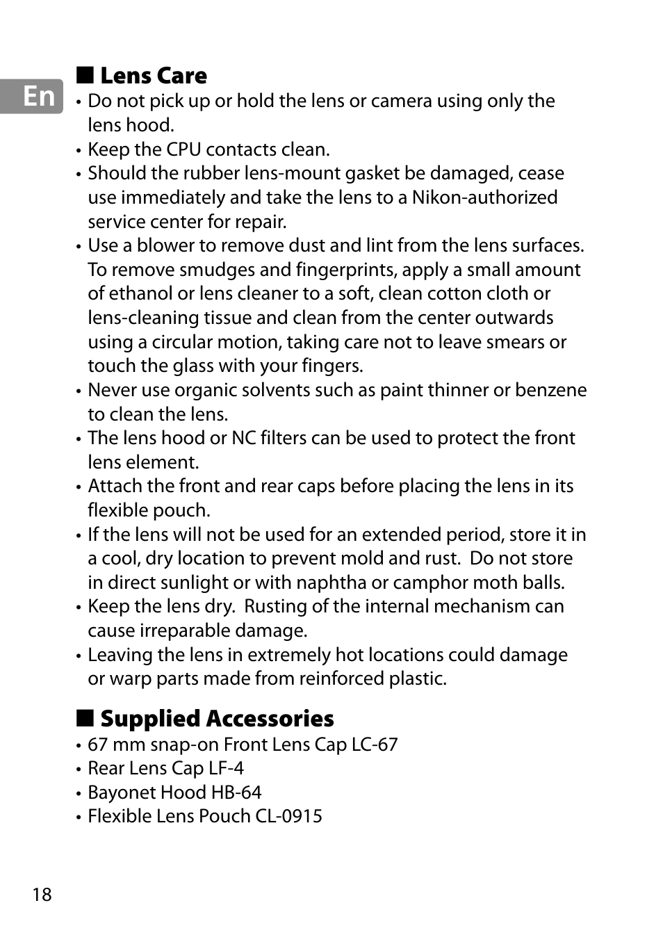 Lens care, Supplied accessories | Nikon AF-S 28mm f-1.8G User Manual | Page 18 / 176