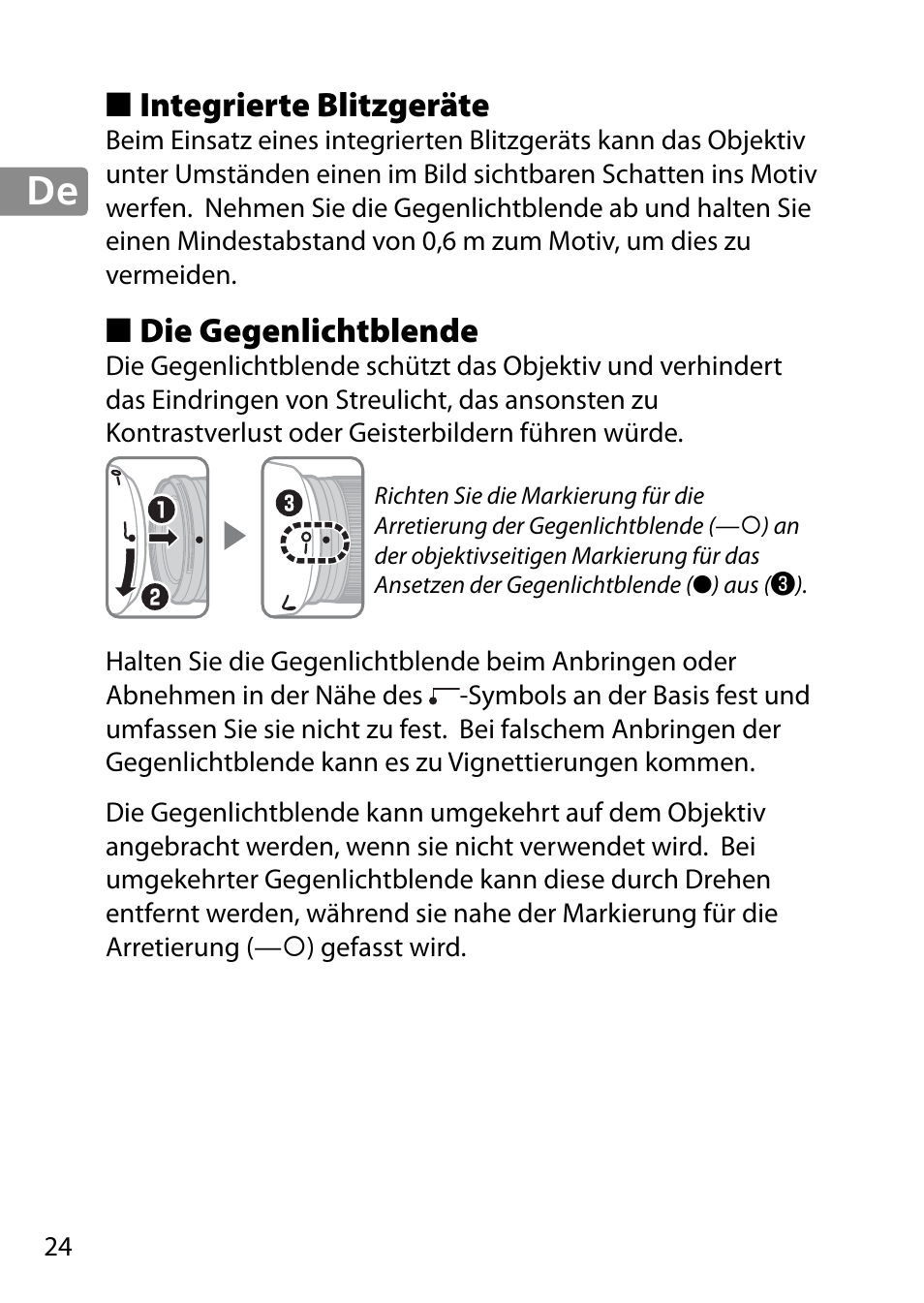 Integrierte blitzgeräte, Die gegenlichtblende | Nikon AF-S 28mm f-1.8G User Manual | Page 24 / 176