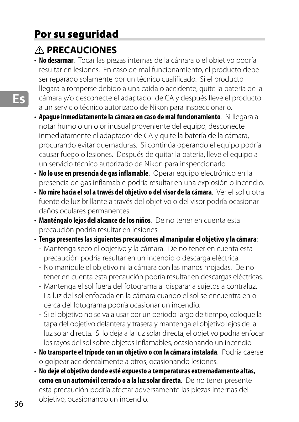 Por su seguridad, Precauciones | Nikon AF-S 28mm f-1.8G User Manual | Page 36 / 176