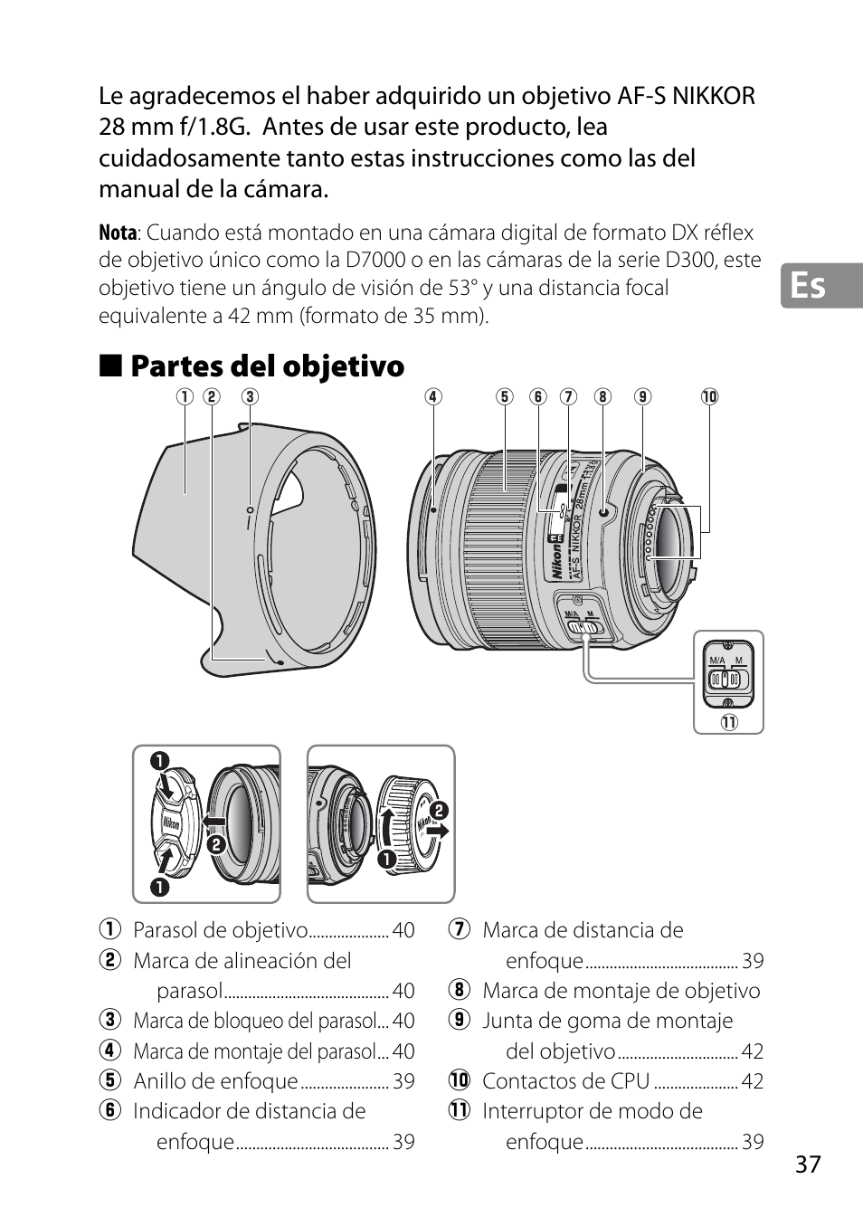 Partes del objetivo | Nikon AF-S 28mm f-1.8G User Manual | Page 37 / 176
