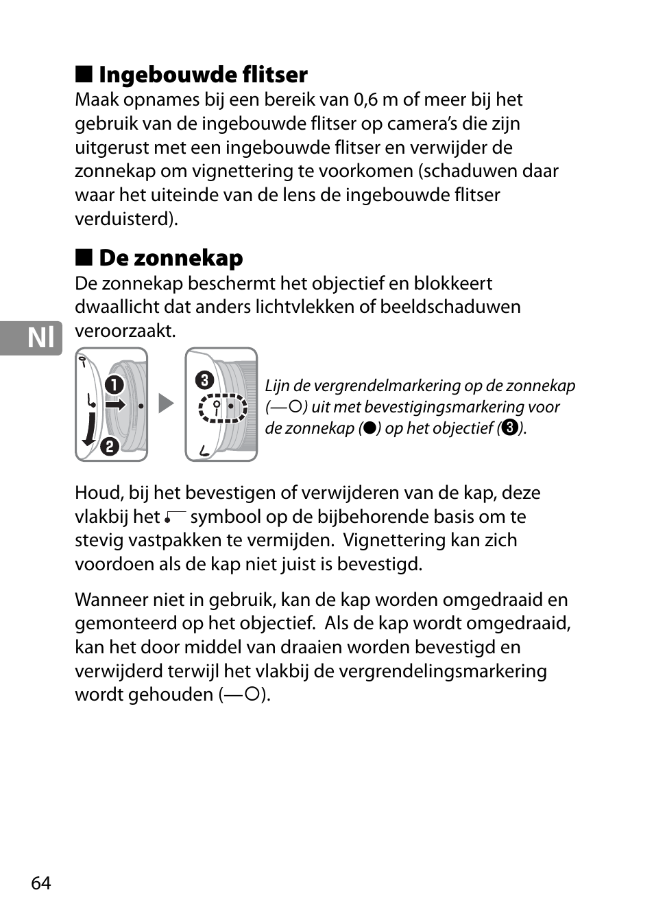 Ingebouwde flitser, De zonnekap | Nikon AF-S 28mm f-1.8G User Manual | Page 64 / 176
