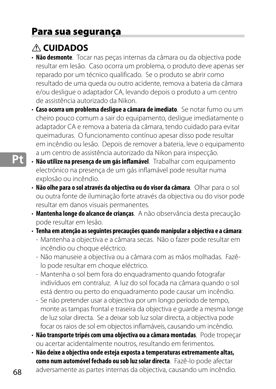 Para sua segurança, Cuidados | Nikon AF-S 28mm f-1.8G User Manual | Page 68 / 176