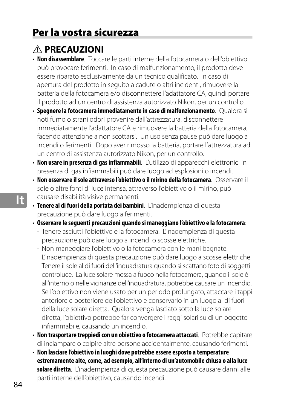 Per la vostra sicurezza, Precauzioni | Nikon AF-S 28mm f-1.8G User Manual | Page 84 / 176