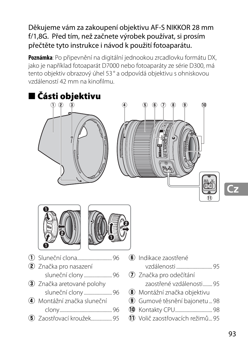 Části objektivu | Nikon AF-S 28mm f-1.8G User Manual | Page 93 / 176