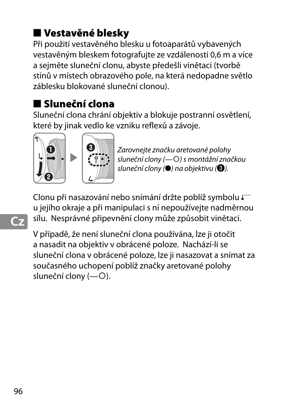 Vestavěné blesky, Sluneční clona | Nikon AF-S 28mm f-1.8G User Manual | Page 96 / 176