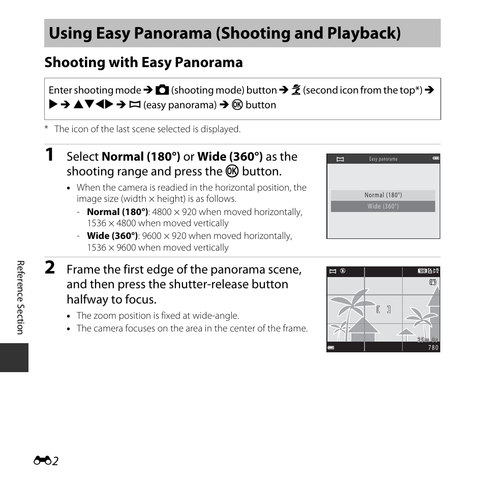 Using easy panorama (shooting and playback), Shooting with easy panorama | Nikon L620 User Manual | Page 100 / 212