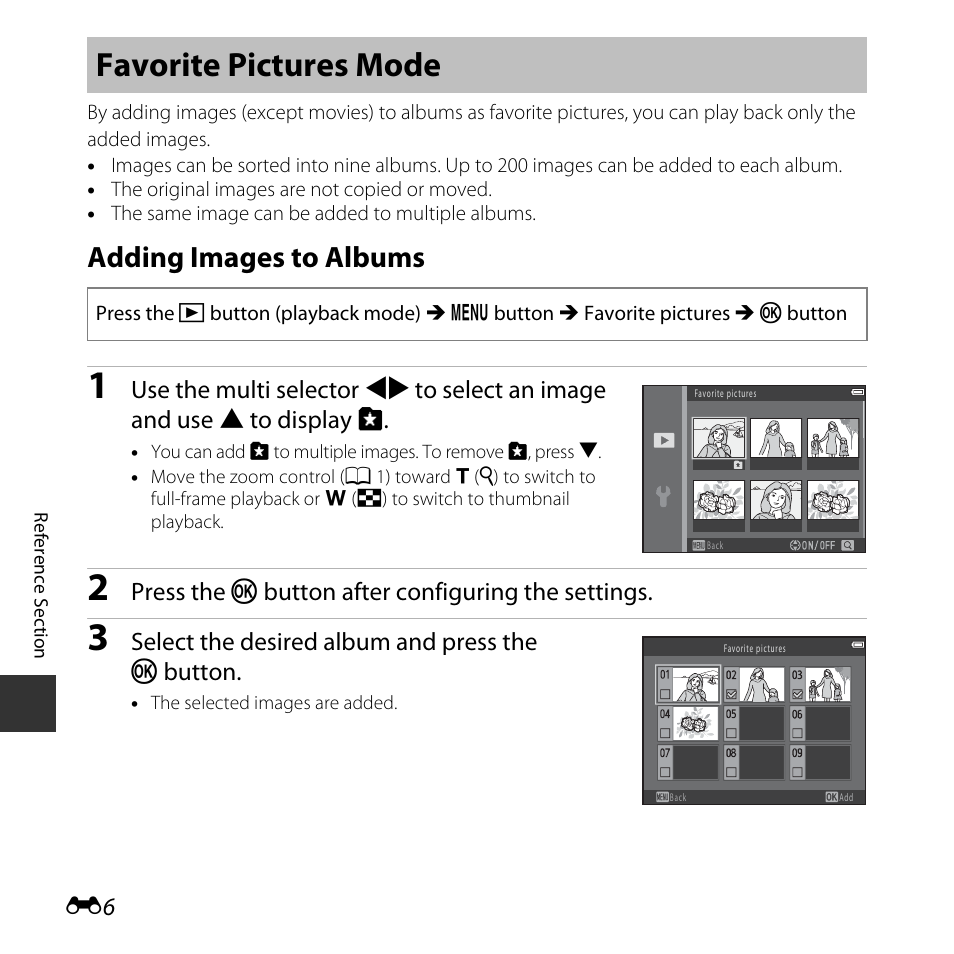 Favorite pictures mode, Adding images to albums, Press the k button after configuring the settings | Select the desired album and press the k button | Nikon L620 User Manual | Page 104 / 212