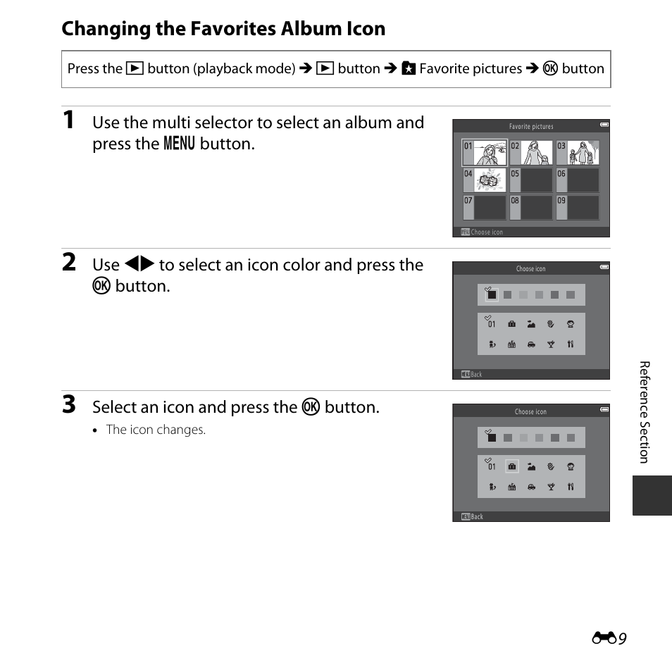Changing the favorites album icon, Select an icon and press the k button | Nikon L620 User Manual | Page 107 / 212