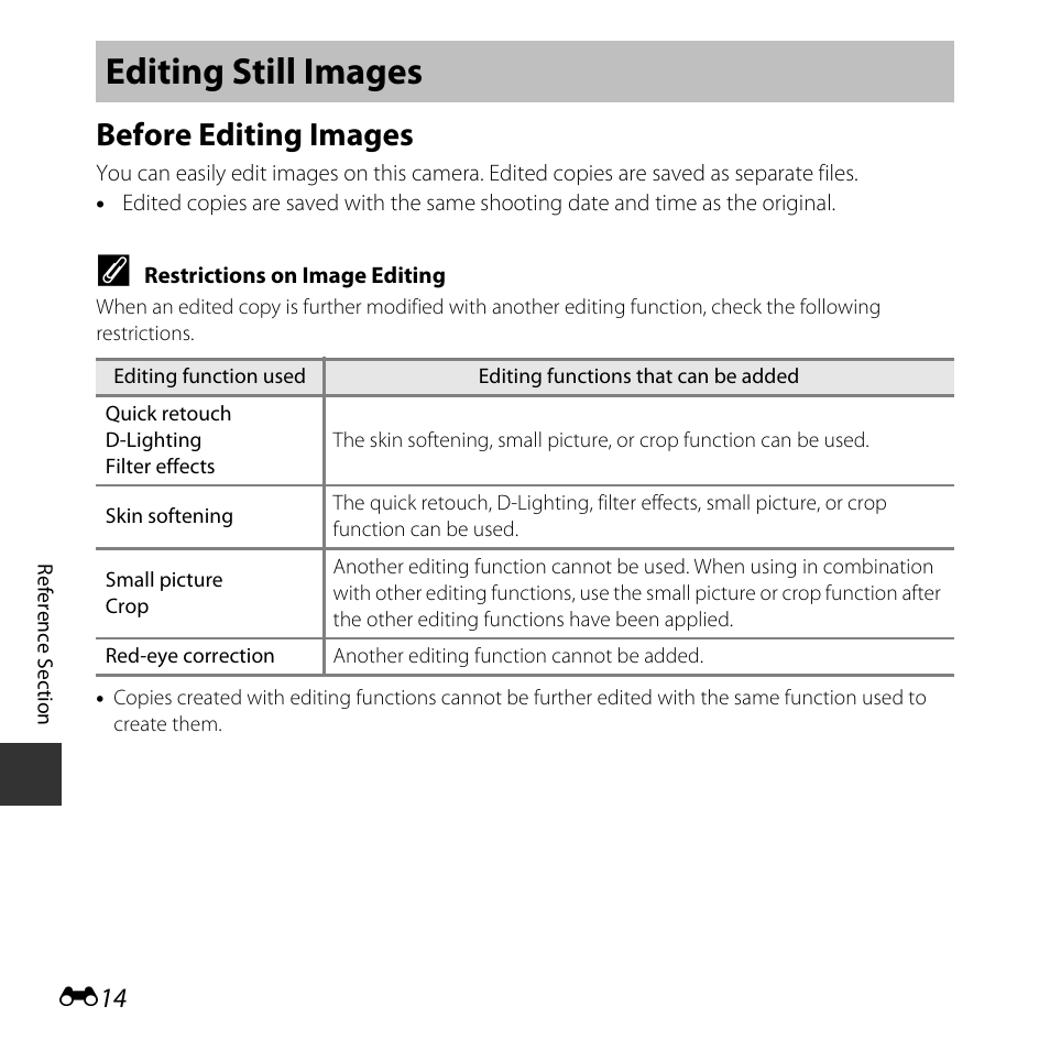 Editing still images, Before editing images | Nikon L620 User Manual | Page 112 / 212