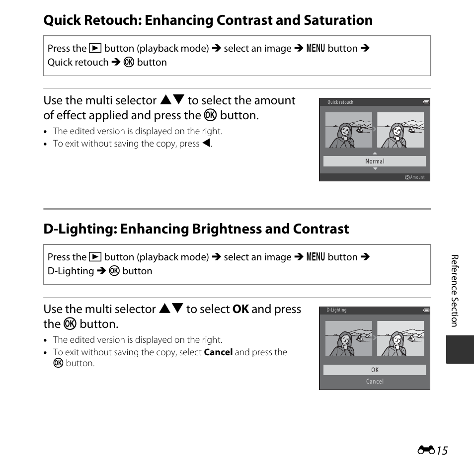 Quick retouch: enhancing contrast and saturation, D-lighting: enhancing brightness and contrast | Nikon L620 User Manual | Page 113 / 212