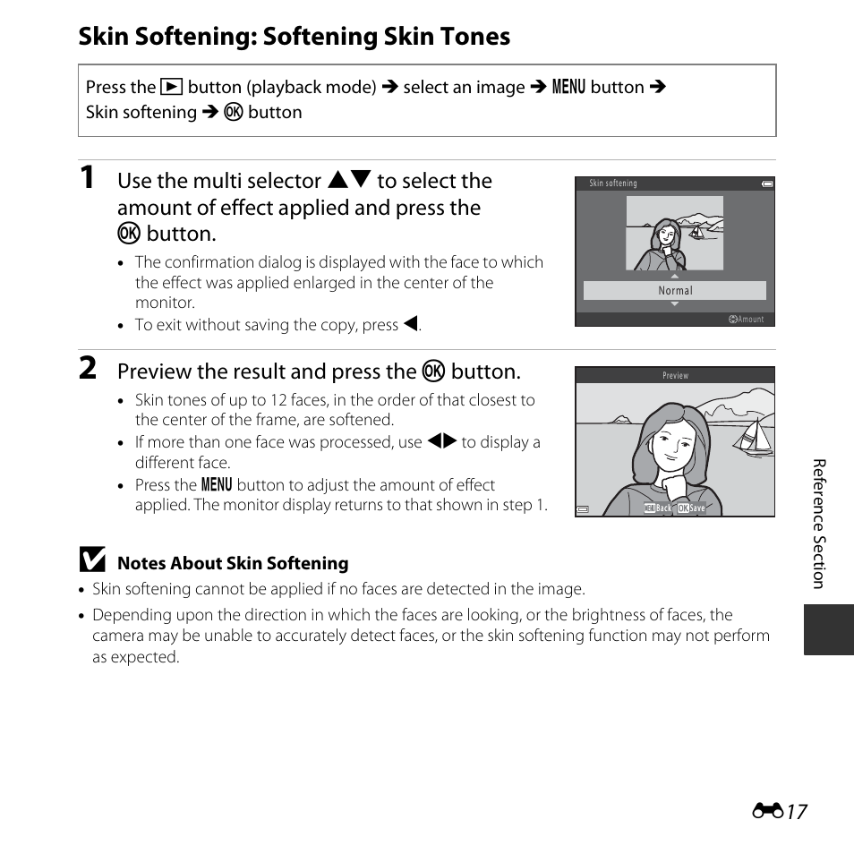 Skin softening: softening skin tones, E17), Preview the result and press the k button | Nikon L620 User Manual | Page 115 / 212