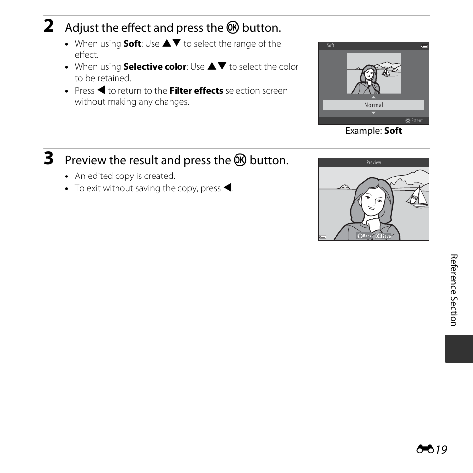 Adjust the effect and press the k button, Preview the result and press the k button | Nikon L620 User Manual | Page 117 / 212