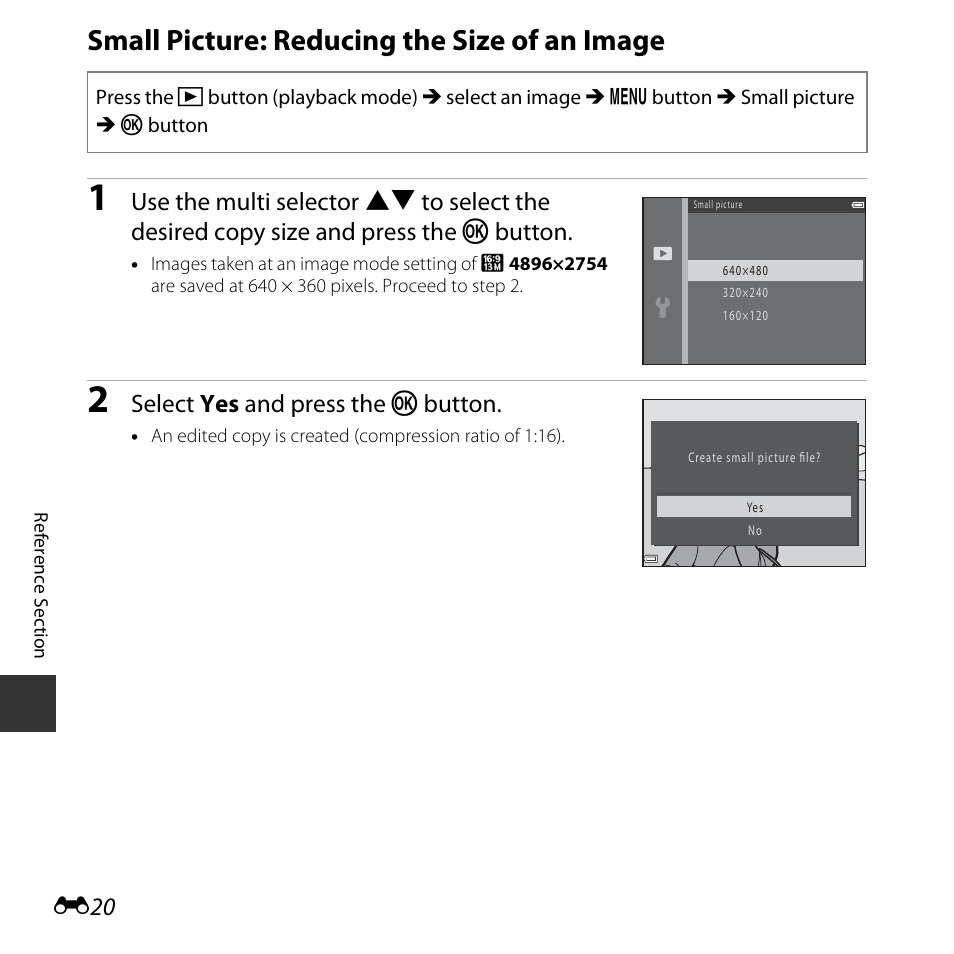Small picture: reducing the size of an image, Select yes and press the k button | Nikon L620 User Manual | Page 118 / 212